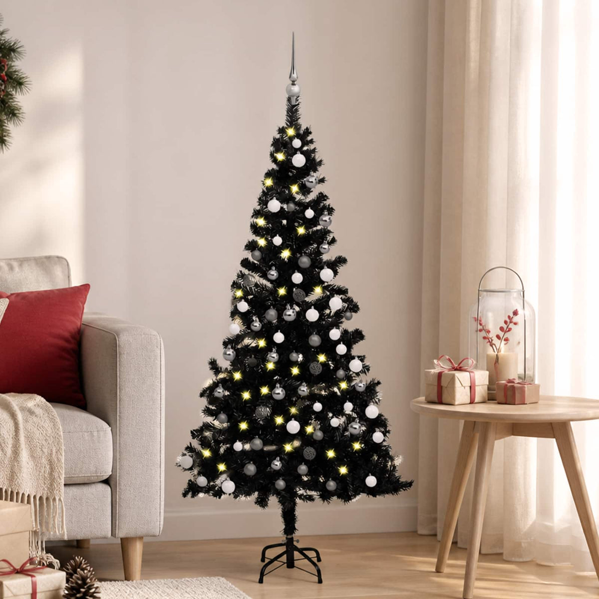 Künstlicher Weihnachtsbaum Beleuchtung & Kugeln Schwarz 120 cm