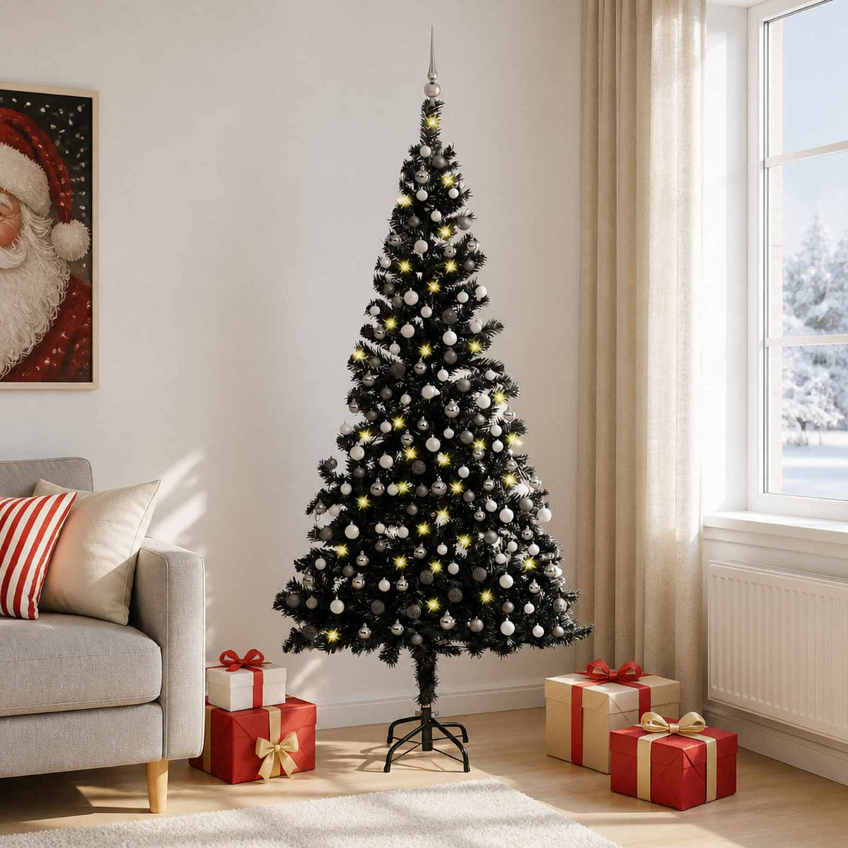Künstlicher Weihnachtsbaum Beleuchtung & Kugeln Schwarz 210 cm