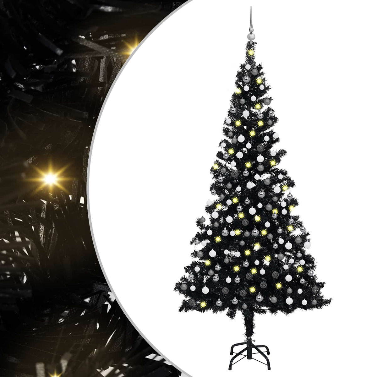 Künstlicher Weihnachtsbaum Beleuchtung & Kugeln Schwarz 210 cm