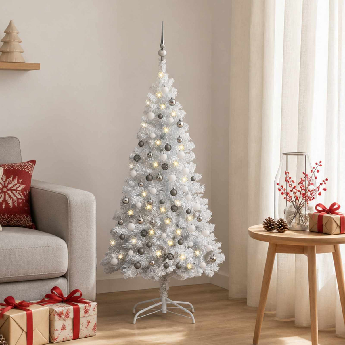 Künstlicher Weihnachtsbaum Beleuchtung & Kugeln Silber 120 cm
