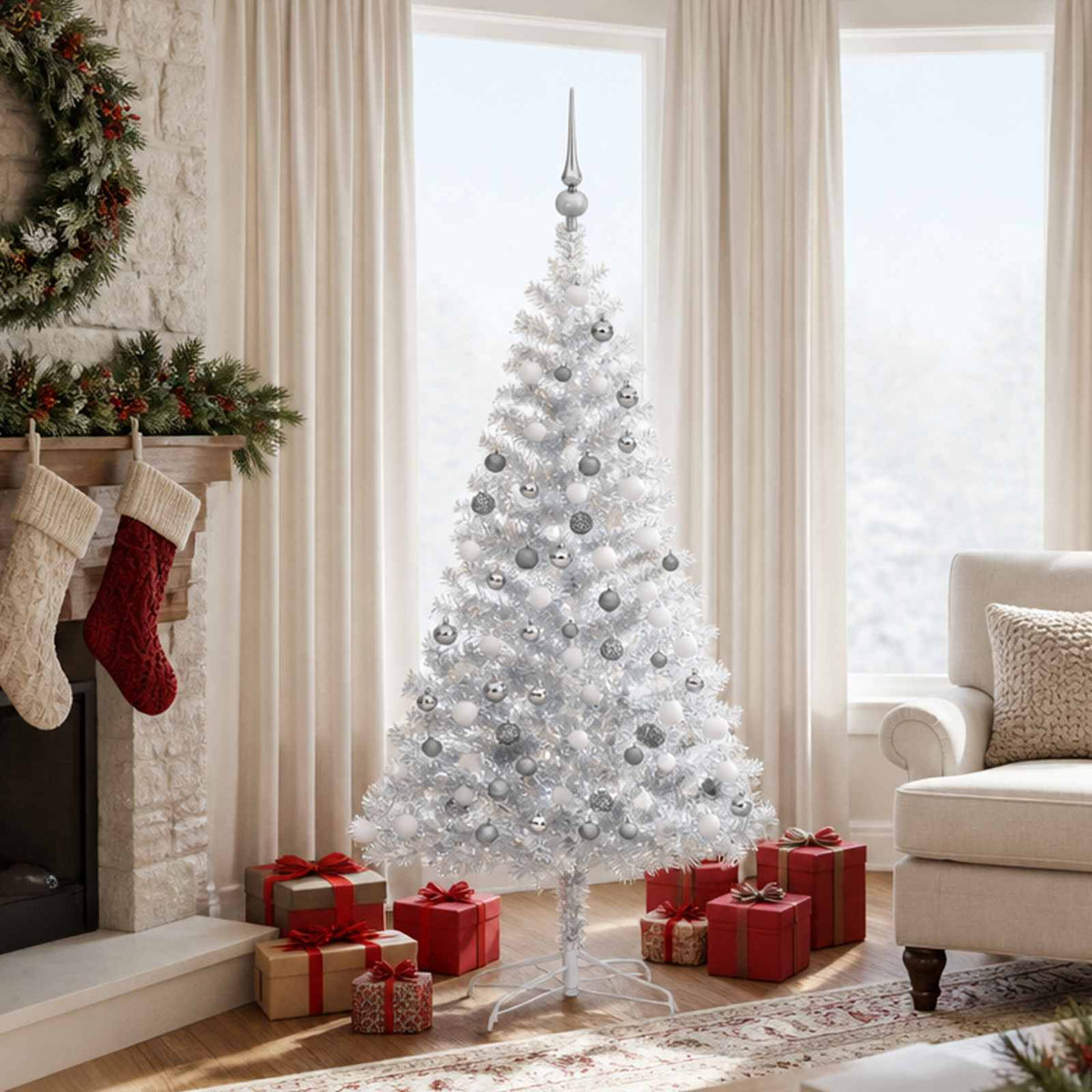Künstlicher Weihnachtsbaum Beleuchtung & Kugeln Silber 150 cm