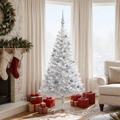 Künstlicher Weihnachtsbaum Beleuchtung & Kugeln Silber 150 cm