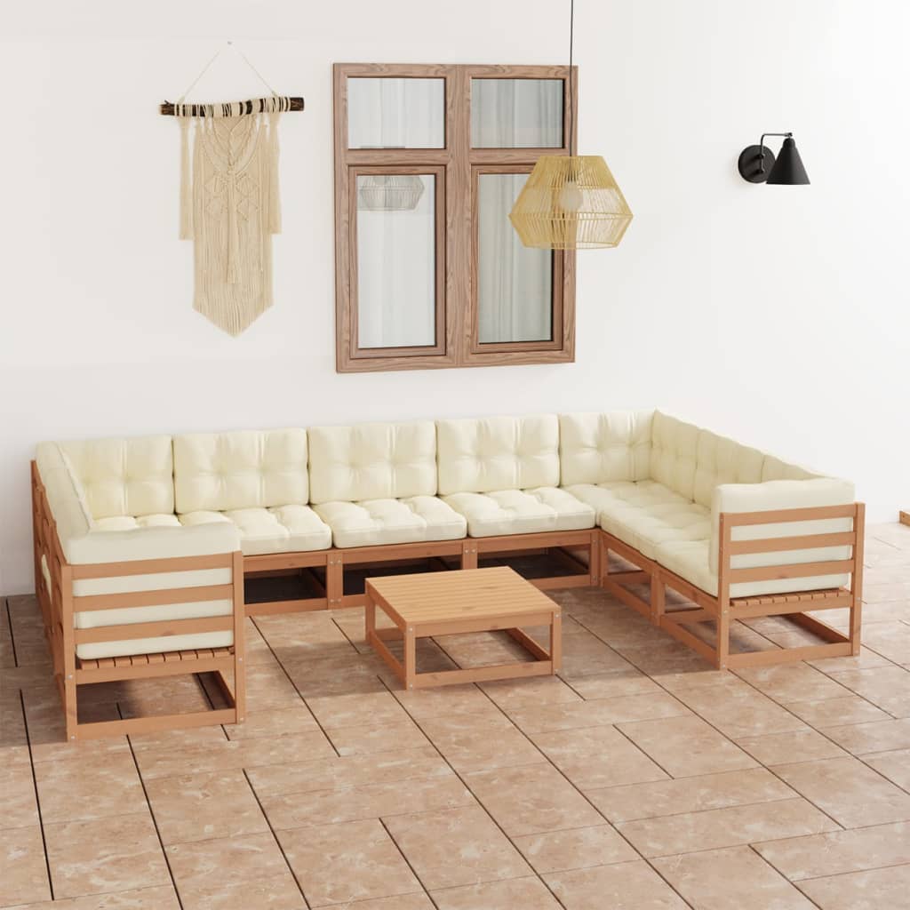 10-tlg. Garten-Lounge-Set mit Kissen Honigbraun Massivholz