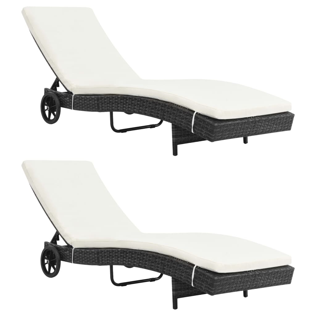 Sun loungers 2 pcs. with wheels and cushions poly rattan black