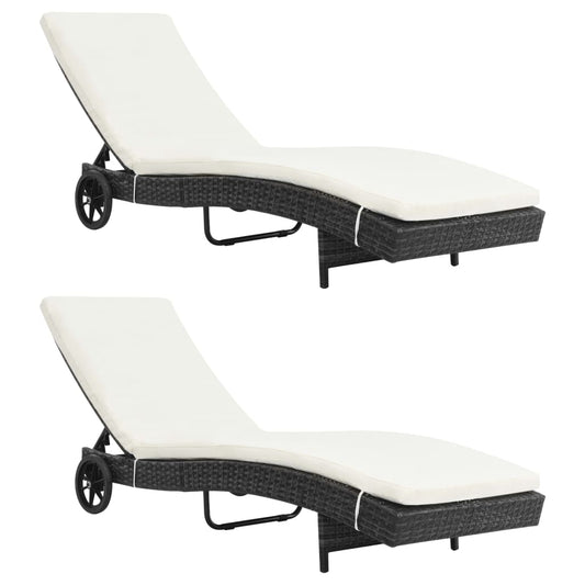 Chaises longues 2 pièces avec roulettes et coussins en résine tressée noire