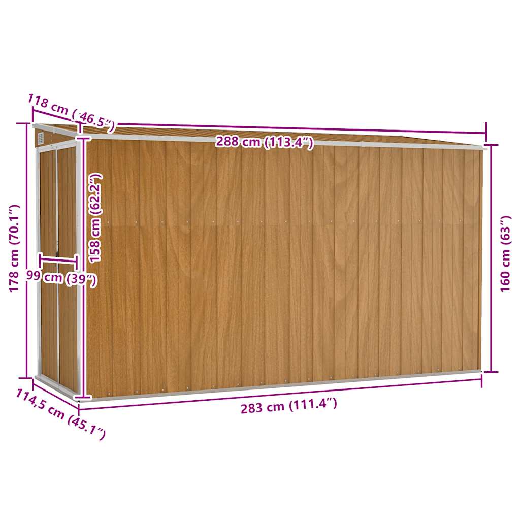Wandmontiertes Gartenhaus Braun 118 x 288 x 178 cm Verzinkter Stahl