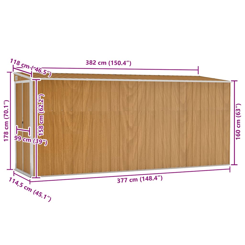 Wandmontiertes Gartenhaus Braun 118 x 382 x 178 cm Verzinkter Stahl