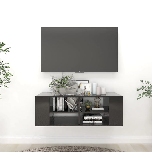 Meuble TV mural noir brillant 102x35x35 cm en bois