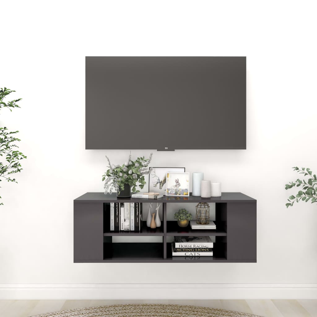 Meuble TV mural gris brillant 102x35x35 cm en bois