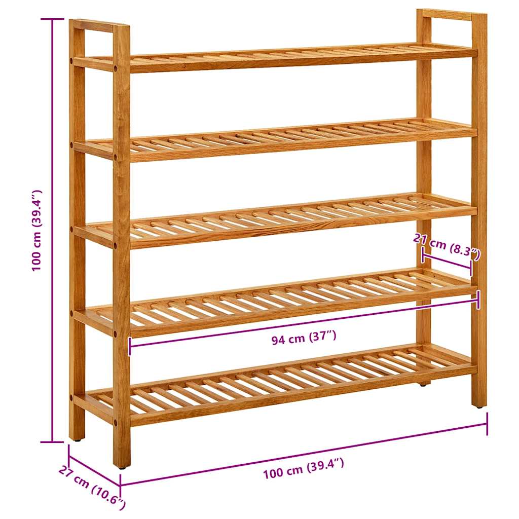 Schuhregal mit 5 Etagen 100x27x100 cm Massivholz Eiche