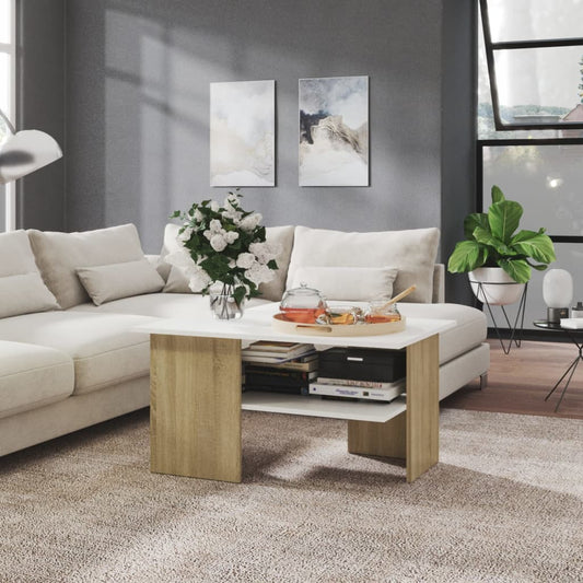 Table basse blanche et chêne Sonoma 90x60x46,5 cm matériau bois
