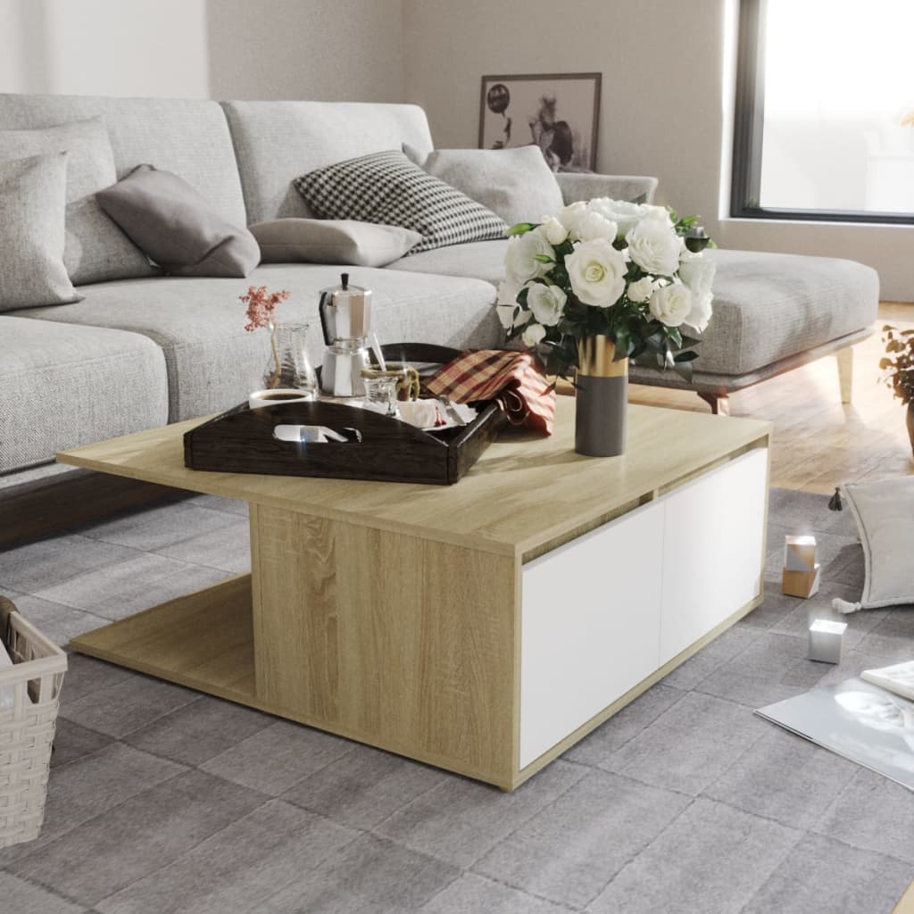 Table basse blanc et chêne Sonoma 80x80x31 cm matière bois
