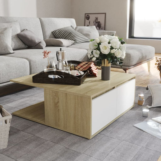 Table basse blanc et chêne Sonoma 80x80x31 cm matière bois
