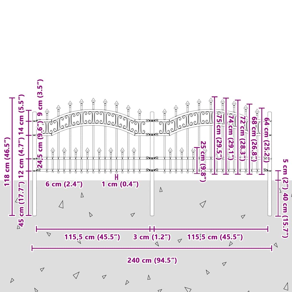 Gartenzaun mit Speerspitze Schwarz 240 x 75 cm Pulverbeschichteter Stahl