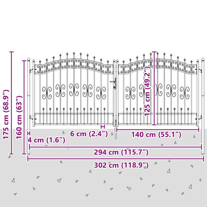 Gartentor KAMPEN mit Speerspitze Schwarz 302 x 125 cm Stahl