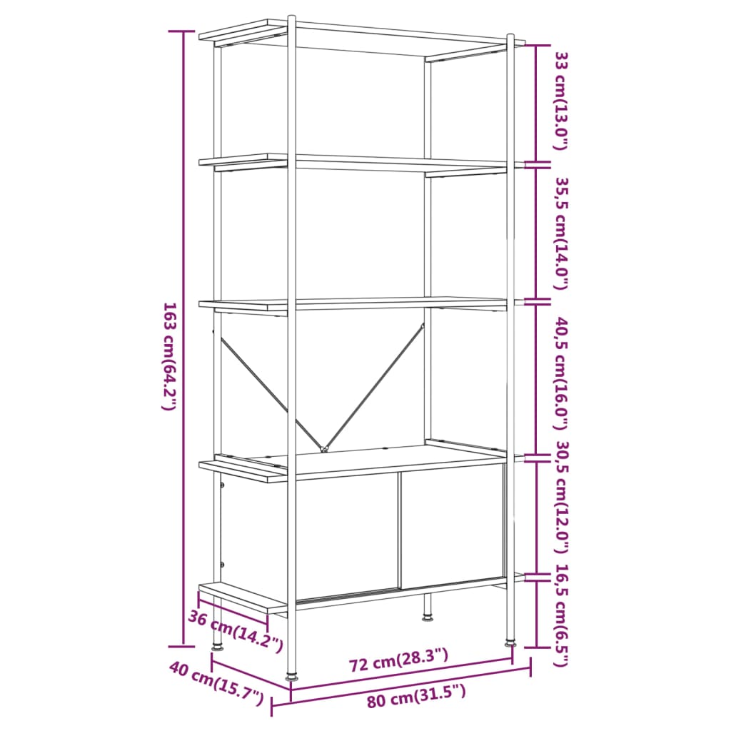 Shelf with 5 shelves and cupboard 80x40x163 cm steel wood material