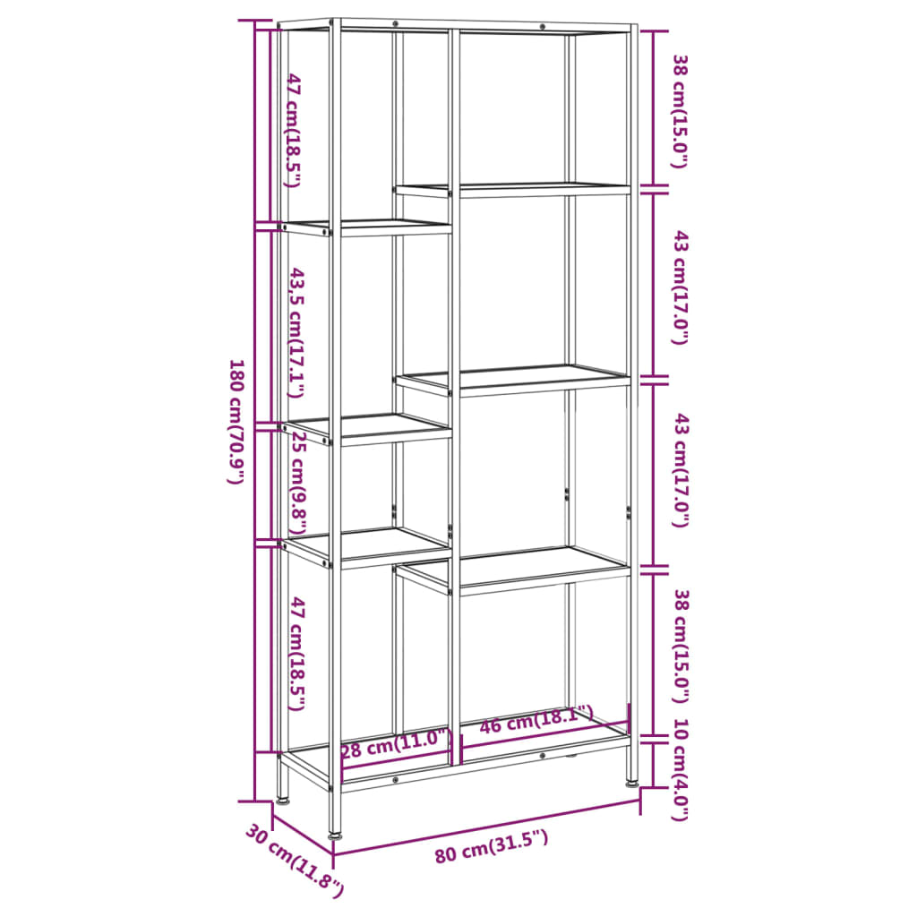 Bücherregal 80x30x180 cm Stahl und Holzwerkstoff