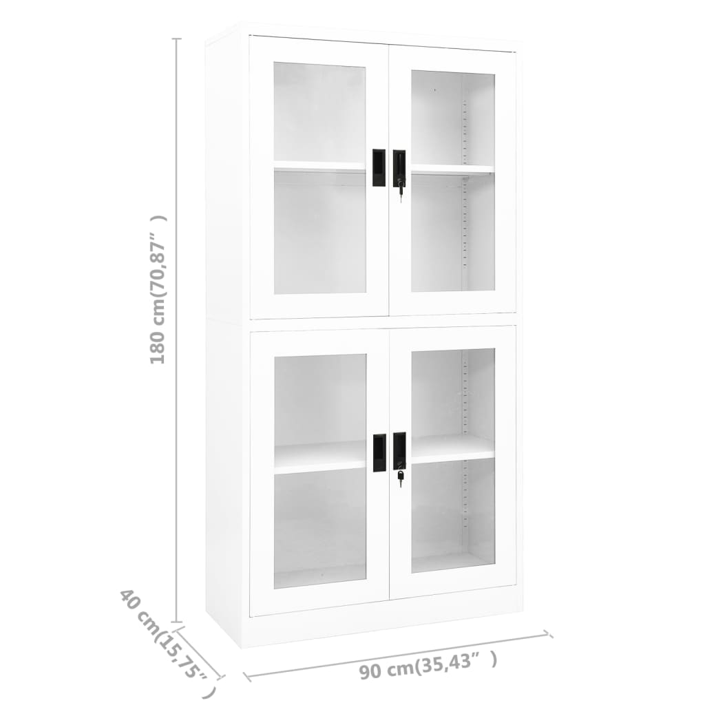 Office cabinet white 90x40x180 cm steel and tempered glass
