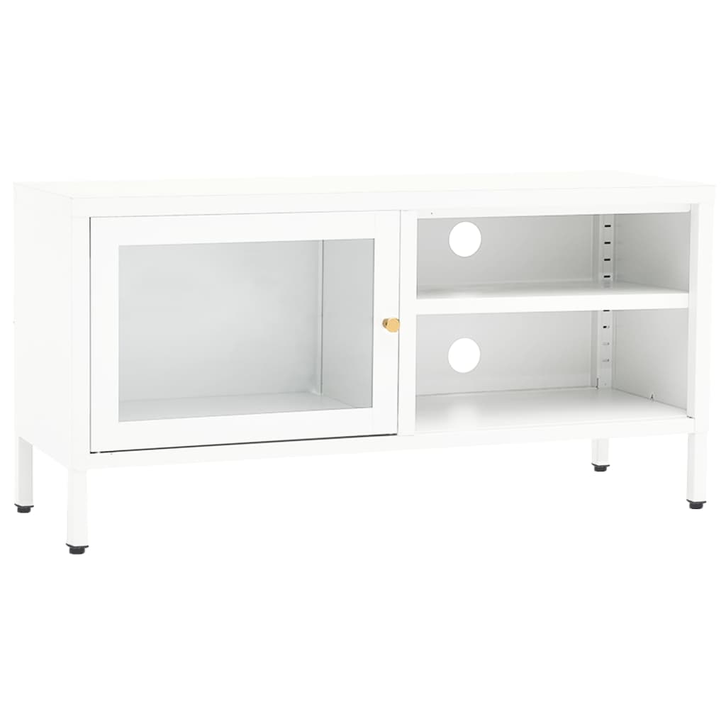 Meuble TV blanc 90x30x44 cm acier et verre
