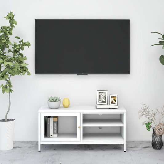 Meuble TV blanc 90x30x44 cm acier et verre