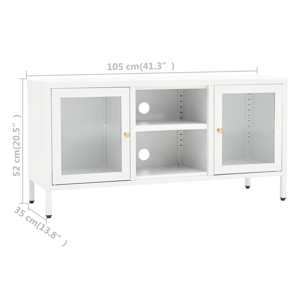Meuble TV blanc 105x35x52 cm acier et verre