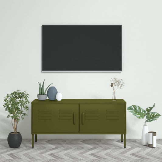 Meuble TV vert olive 105x35x50 cm acier