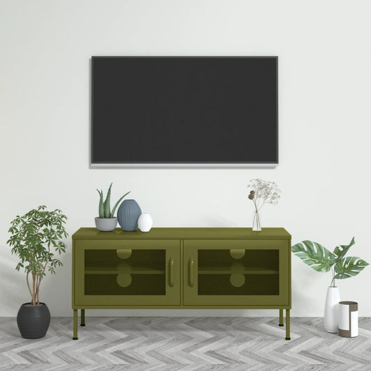 Meuble TV vert olive 105x35x50 cm acier