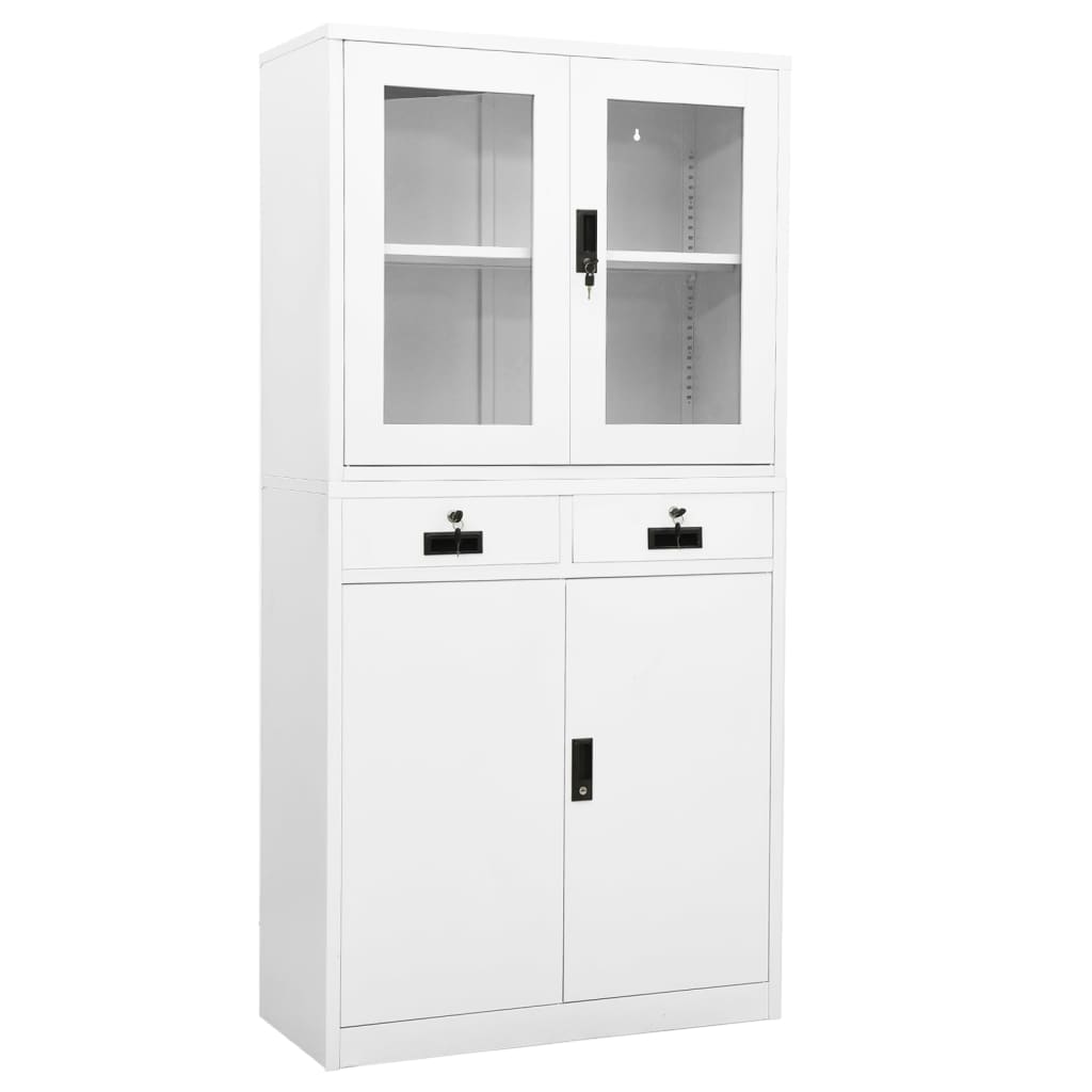 Office cabinet white 90x40x180 cm steel and tempered glass