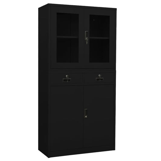 Armoire de bureau noire 90x40x180 cm en acier et verre trempé