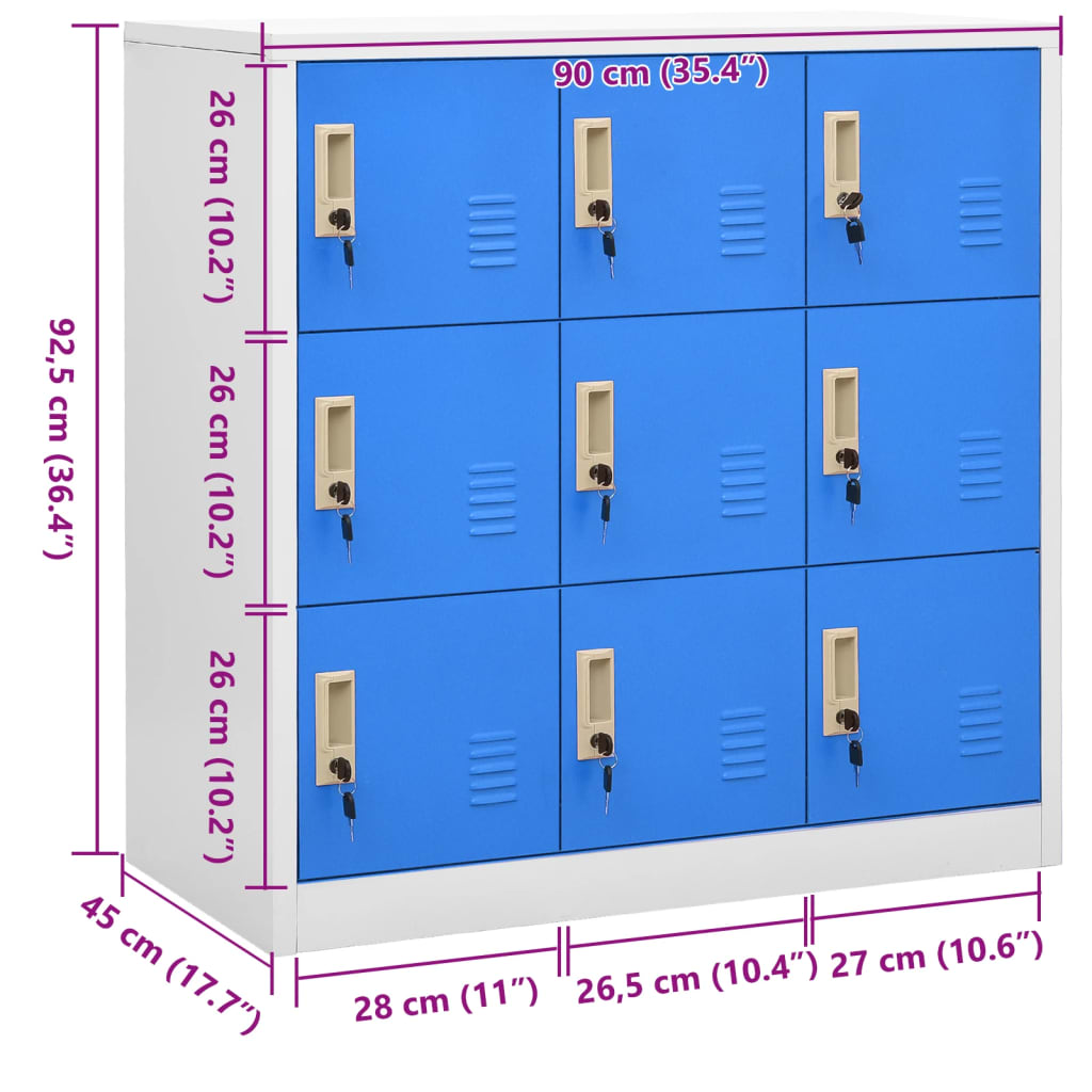 Locker cabinet light grey and blue 90x45x92.5 cm steel