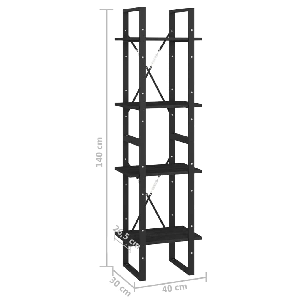 Bibliothèque 4 étagères noir 40x30x140 cm bois de pin massif