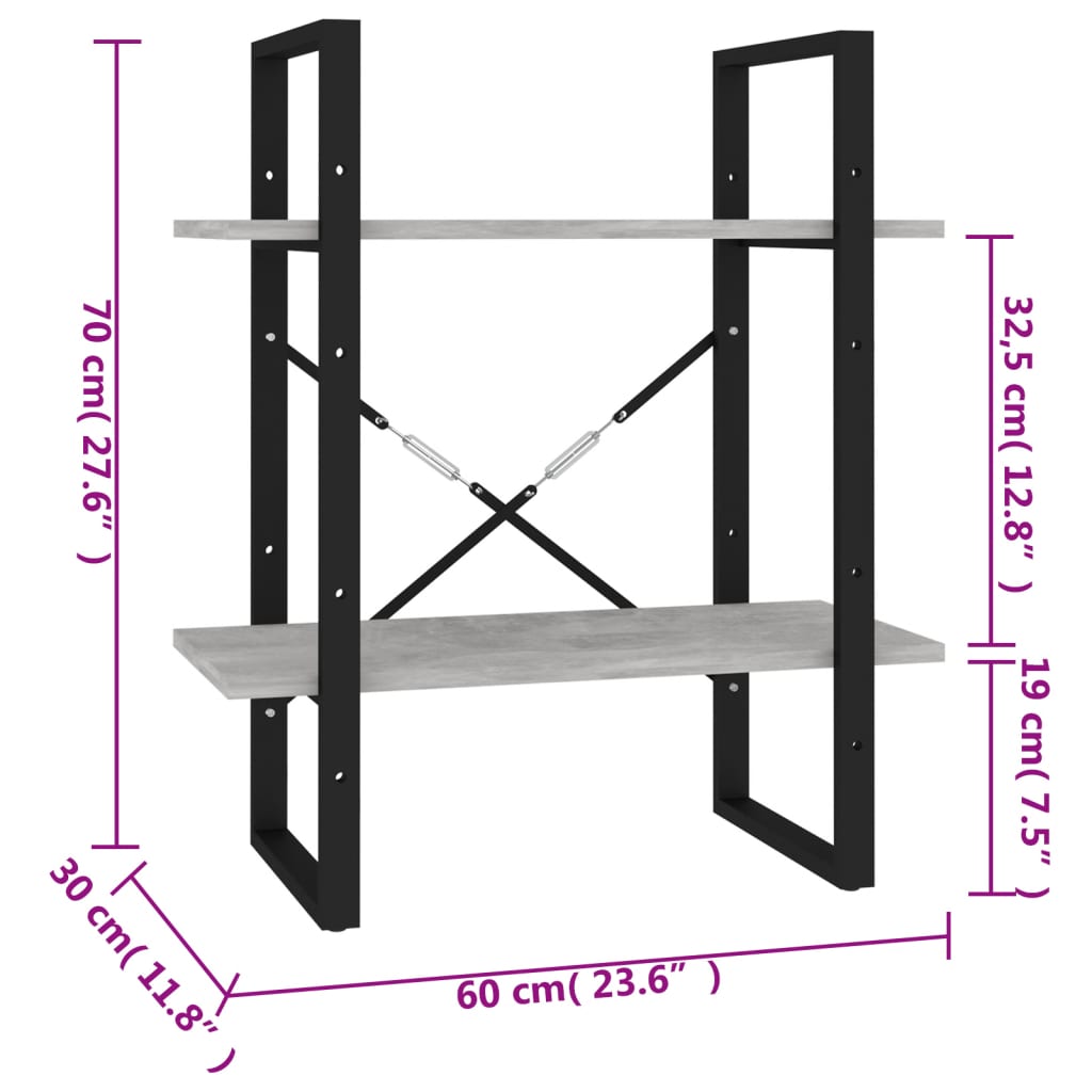 Bücherregal 2 Fächer Betongrau 60x30x70 cm Holzwerkstoff