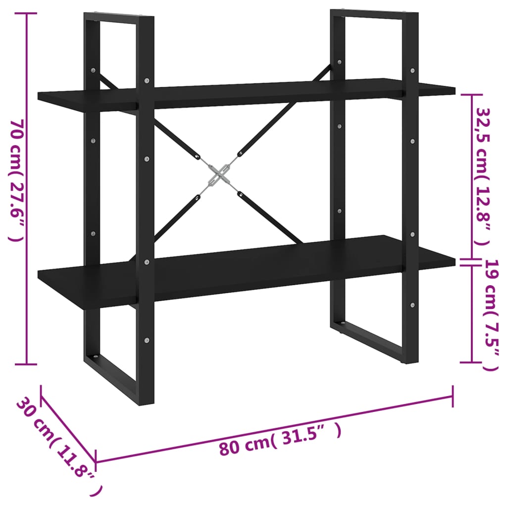 Bücherregal 2 Fächer Schwarz 80x30x70 cm Holzwerkstoff