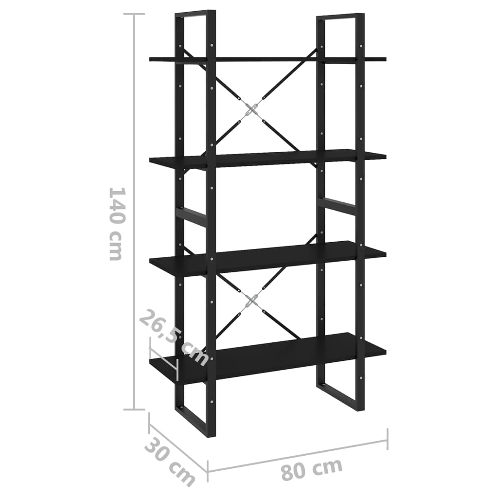 Bücherregal 4 Fächer Schwarz 80x30x140 cm Holzwerkstoff