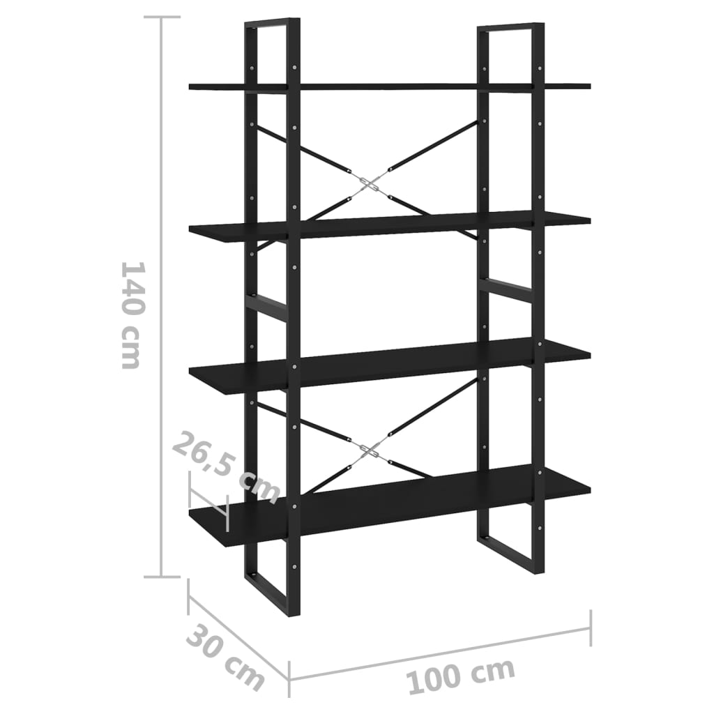 Bibliothèque 4 compartiments noir 100x30x140 cm en bois