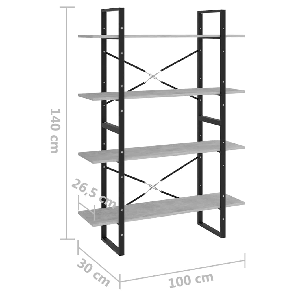 Bibliothèque 4 compartiments gris béton 100x30x140 cm matière bois