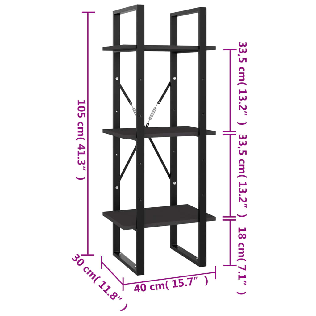 Bücherregal 3 Fächer Grau 40x30x105 cm Holzwerkstoff