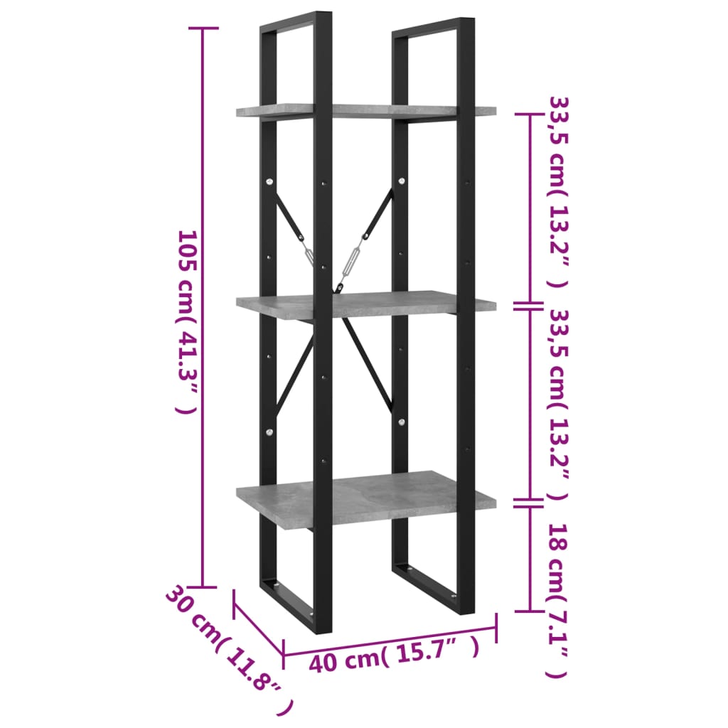 Bücherregal 3 Fächer Betongrau 40x30x105 cm Holzwerkstoff