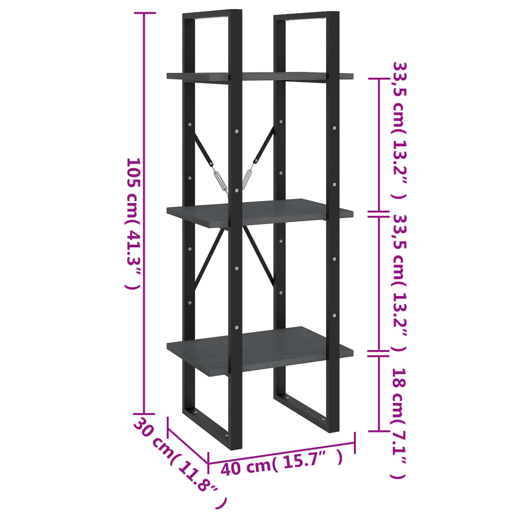 Bibliothèque 3 étagères grise 40x30x105 cm bois de pin massif