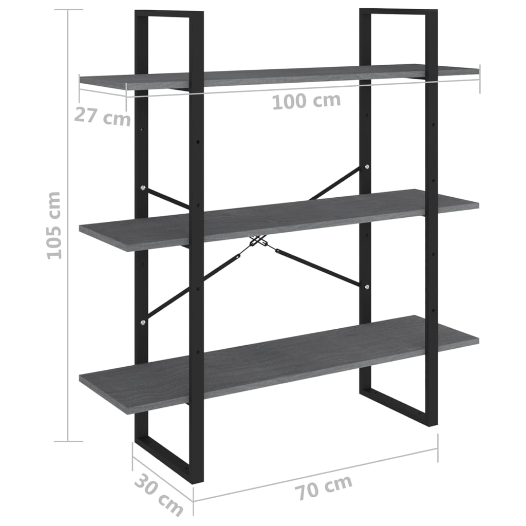 Bibliothèque 3 étagères grise 100x30x105 cm bois de pin massif