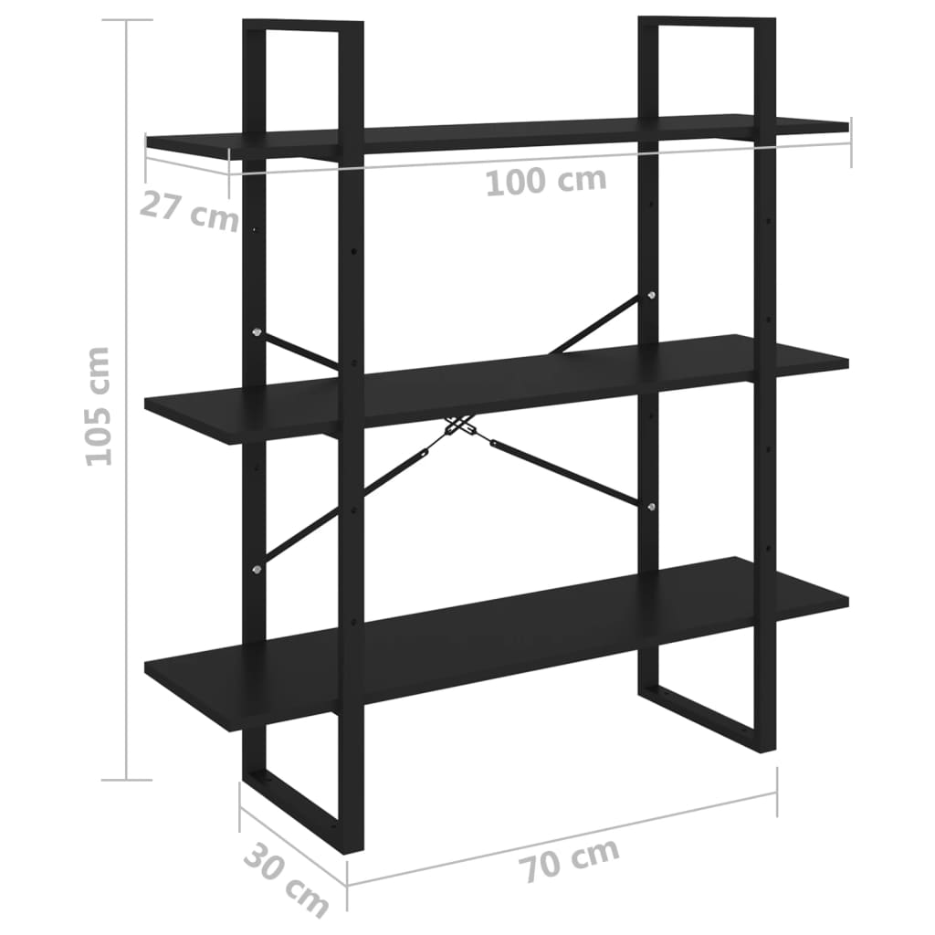 Bibliothèque 3 étagères noir 100x30x105 cm bois de pin massif