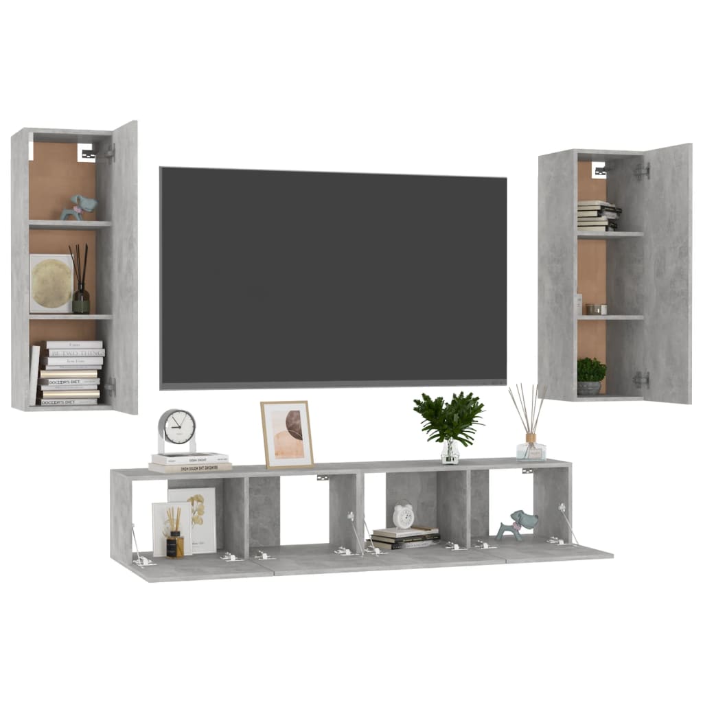 Ensemble de meubles TV 4 pièces en béton gris à base de bois