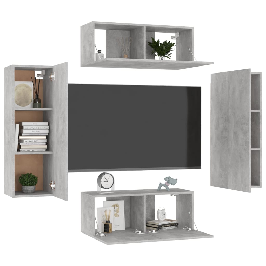 Ensemble de meubles TV 4 pièces en béton gris à base de bois