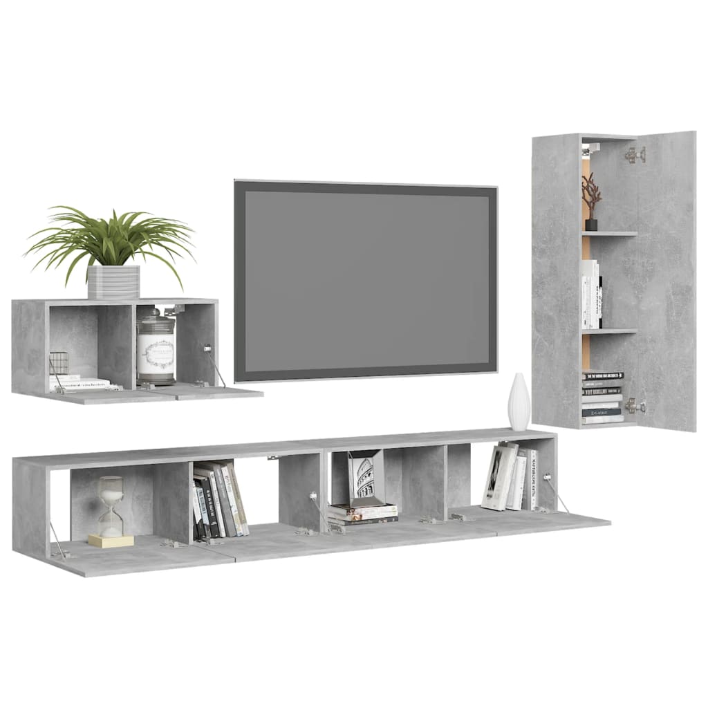 Ensemble de meubles TV 4 pièces en béton gris à base de bois