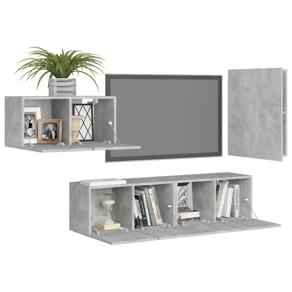 Ensemble de meubles TV 4 pièces en béton gris à base de bois
