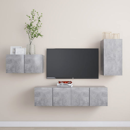 Ensemble de meubles TV 4 pièces en béton gris à base de bois
