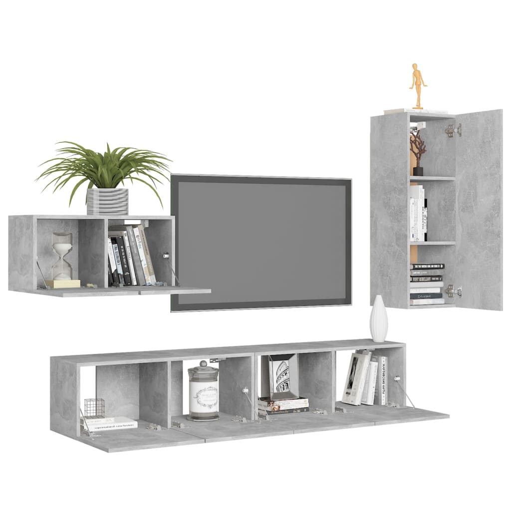 Ensemble de meubles TV 4 pièces en béton gris à base de bois
