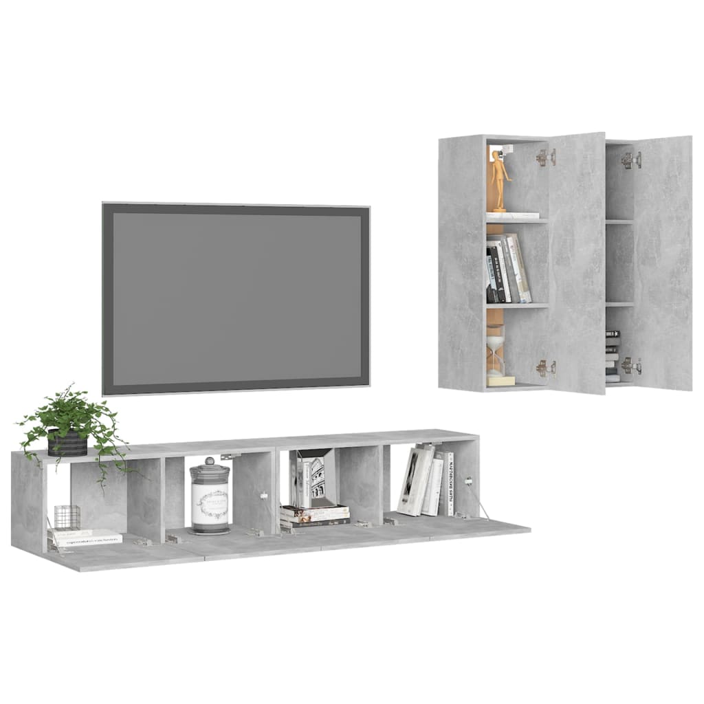 Ensemble de meubles TV 4 pièces en béton gris à base de bois