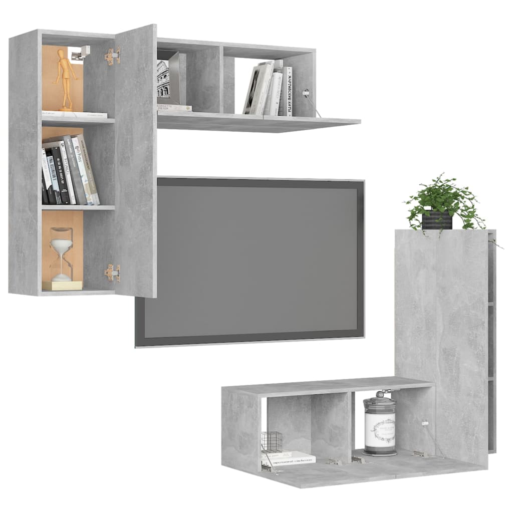 Ensemble de meubles TV 4 pièces en béton gris à base de bois