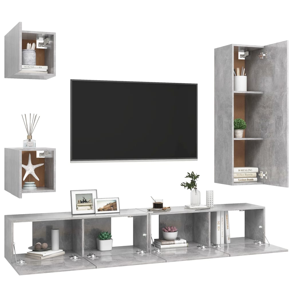 Ensemble de meubles TV 5 pièces en béton gris à base de bois